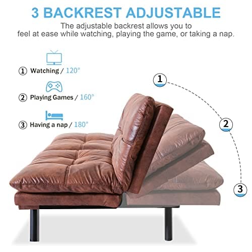 Memory Foam Sofa Bed with Removable Armrests, Brown Leather Futon for Compact Living Spaces