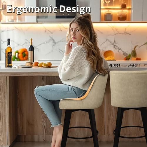 Counter Height Bar Stools Set of 2 with Swivel and Back, 26In Height, Solid Wood Stand, Fabric Upholstered, Thicken Cushion Back, Tan Brown
