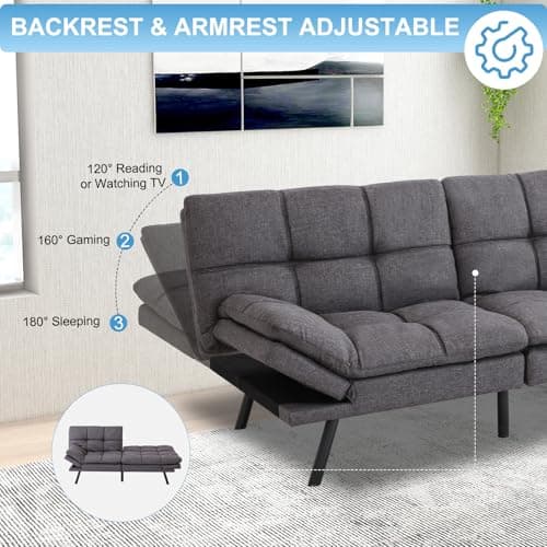MUUEGM Dark Grey Memory Foam Futon Sleeper Sofa Bed for Small Spaces