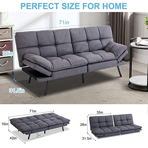Modern Memory Foam Futon Sofa Bed with Adjustable Armrests and Backrest for Living Room, Apartment, Dorm, Office - Grey Linen
