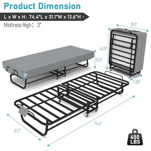 SADENICEL Portable Foldable Bed with Memory Foam Mattress on Wheels