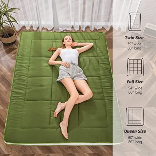 MAXYOYO Japanese Quilted Futon Mattress, Extra Thick & Breathable Guest Bed for Camping & Couch Lounger, Green, Twin