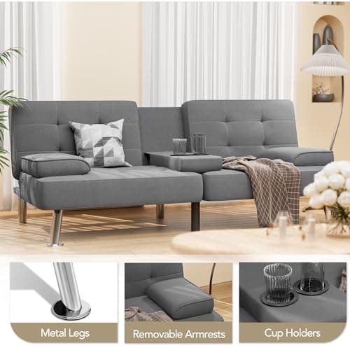 Shahoo Dark Grey Linen Convertible Futon Sofa Bed with Removable Arms