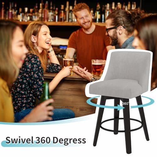 360° Swivel Counter Barstools, 26 Height Kitchen Island Stools Set of 2 with Thicken Cushion Back, Light Grey