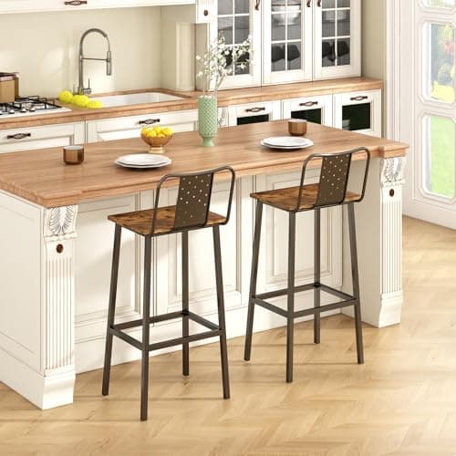 GILLAS Rustic Brown Bar Stools with Backrest and Footrest, Industrial Style