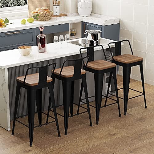WENTMENT Black Metal Bar Stools Set of 4 Counter Height Kitchen Bar Stools with Wooden Seat