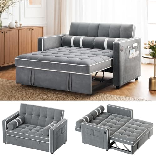 Amada 3-in-1 Convertible Sleeper Loveseat, Grey Velvet Couch with USB Ports