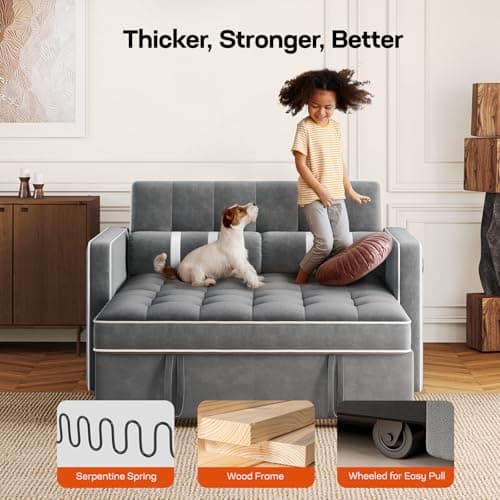 Amada 3-in-1 Convertible Sleeper Loveseat, Grey Velvet Couch with USB Ports