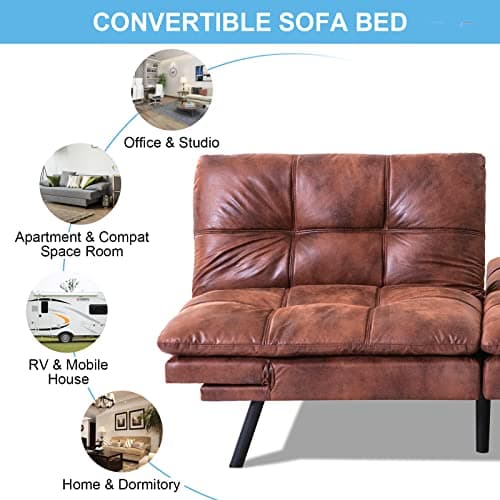 Memory Foam Sofa Bed with Removable Armrests, Brown Leather Futon for Compact Living Spaces