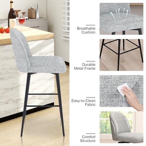 Modern Swivel Bar Stools Set of 2, High Back 30 Height with Metal Legs, Light Grey Linen Fabric Counter Height Bar Chair for Bar, Kitchen, Dining Room