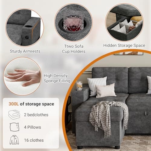 GAOMON Dark Gray 112" U-Shaped Sleeper Sofa with Storage Chaise & Charging Ports