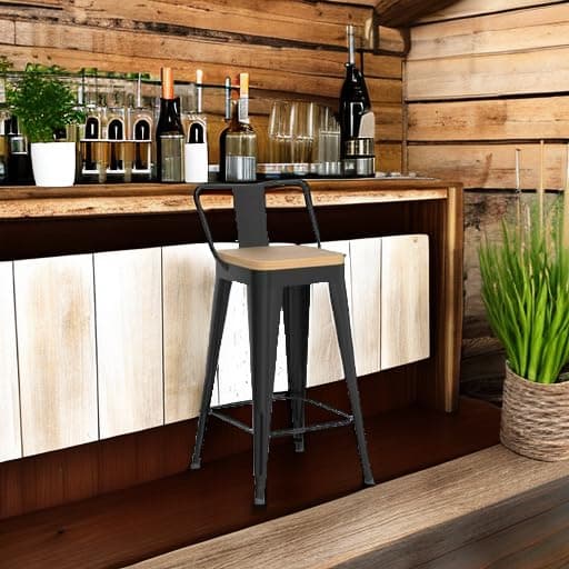 WENTMENT Black Metal Bar Stools Set of 4 Counter Height Kitchen Bar Stools with Wooden Seat
