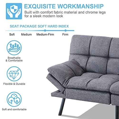 Modern Memory Foam Futon Sofa Bed with Adjustable Armrests and Backrest for Living Room, Apartment, Dorm, Office - Grey Linen