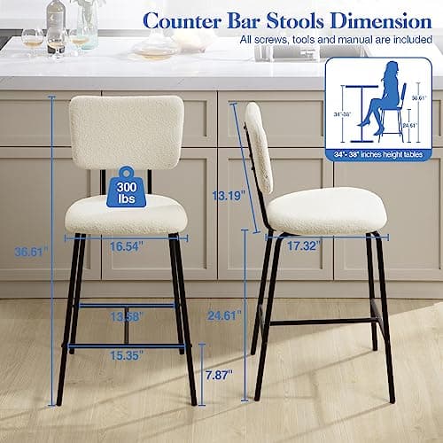 Modern White Boucle Bar Stool Set - 4 Pack Kitchen Island Chairs