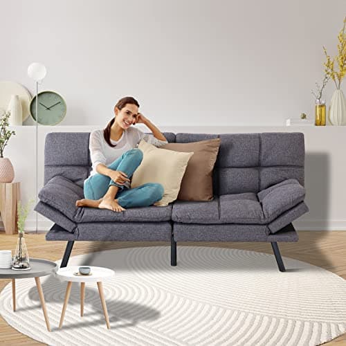 Memory Foam Futon Sofa Bed Grey Fabric Convertible Couch, Modern Loveseat Sofa, Adjustable Lounge Couch, Full Size Futon for Apartment Office Living Room