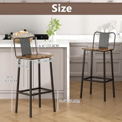 GILLAS Rustic Brown Bar Stools with Backrest and Footrest, Industrial Style