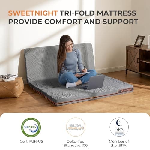 Sweetnight Portable 4 Inch Trifold Mattress with Breathable Cover - Travel & Camping Grey Queen