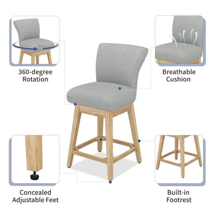 Modern 26 Counter Height Bar Stools Set of 2 with 360° Swivel and High Backrest in Light Grey Fabric for Kitchen and Bar