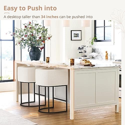 LUE BONA Black Metal Counter Stools with Backrest, Set of 2, Linen Upholstery, Beige Accent