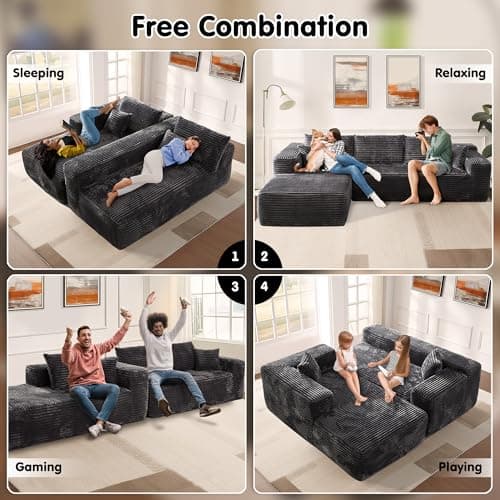 Ovios 104" Cloud Sectional with L-Shape Chaise, Plush Grey Corduroy Sofa