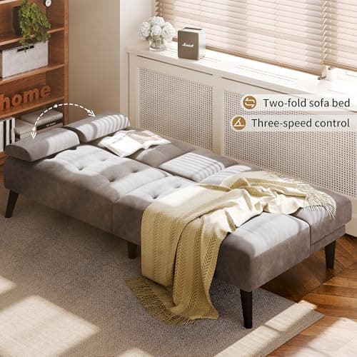 JAMFLY Dark Grey Velvet Futon Couch Bed with Cup Holder