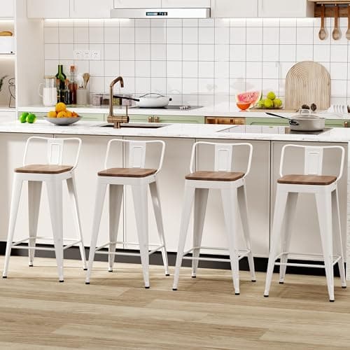 WENTMENT Black Metal Bar Stools Set of 4 Counter Height Kitchen Bar Stools with Wooden Seat