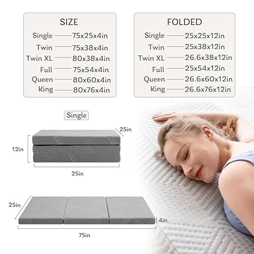 Portable Tri-Fold Memory Foam Mattress, Single, 4 inch, Washable Cover, Travel Mat, 75×25×4, Grey