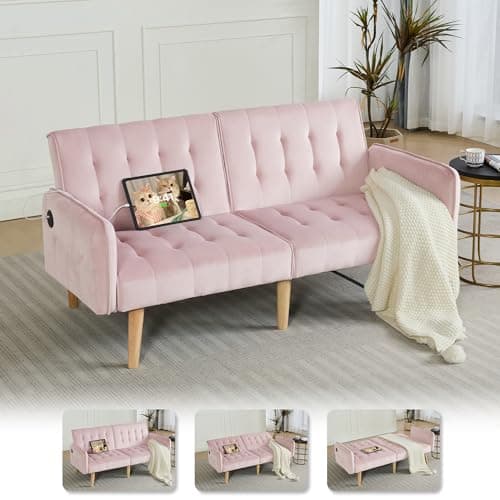 TYBOATLE Dark Grey Convertible Futon Sofa Bed with USB, Loveseat for Living Room & Bedroom