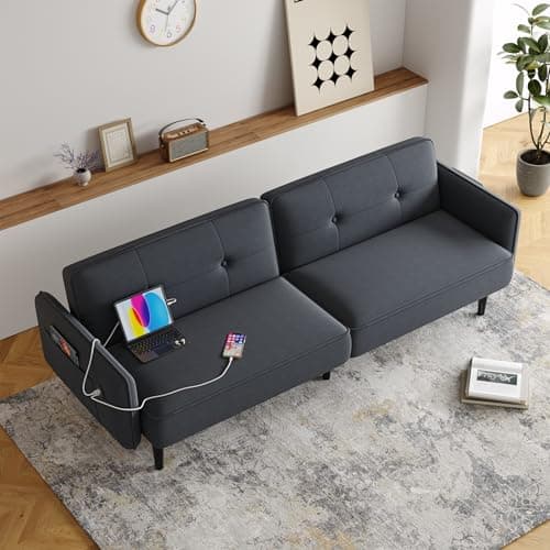83" Adjustable Backrest Futon Couch Bed with Type-C Charging Port, Black Sofa Bed