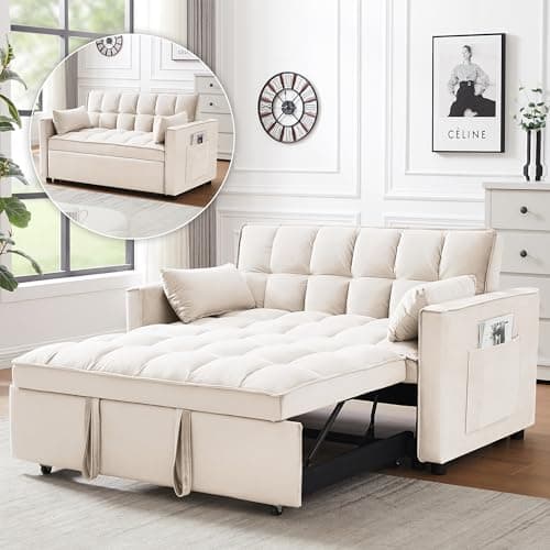 3-in-1 Grey Convertible Sleeper Sofa Bed with Side Pocket & Adjustable Backrest