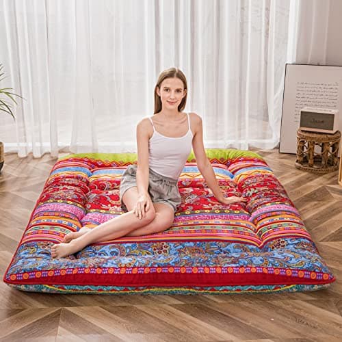 MAXYOYO Vintage Floral Japanese Futon Mattress, Queen Size, Portable Lounger Couch Bed Mattress Pad