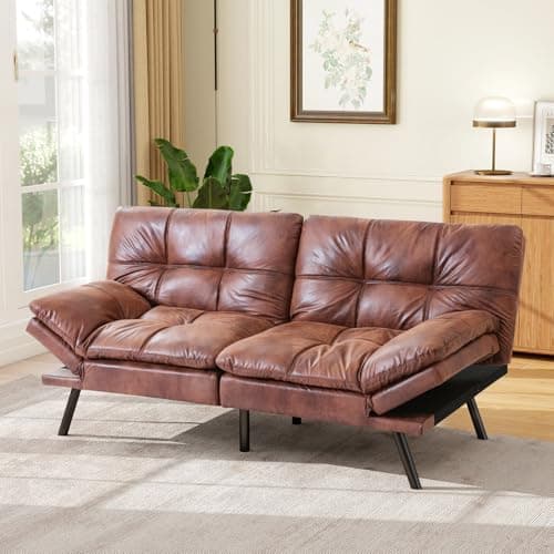 MUUEGM Cognac Memory Foam Futon Sofa Bed for Small Space and Office Use with Adjustable Backrest and Removable Armrests