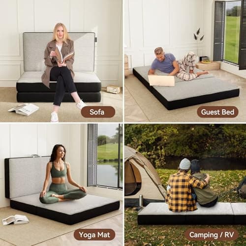 Portable Memory Foam Mattress - Single, 4 Inch Foldable, Washable Cover, Handle, Non-Slip Bottom, RV, Travel, Camping, Y