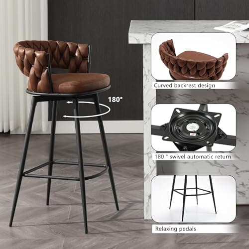 BFZ 26inch Modern Swivel Bar Stool Set, Suede Woven Back Footrest, Kitchen Island Furniture