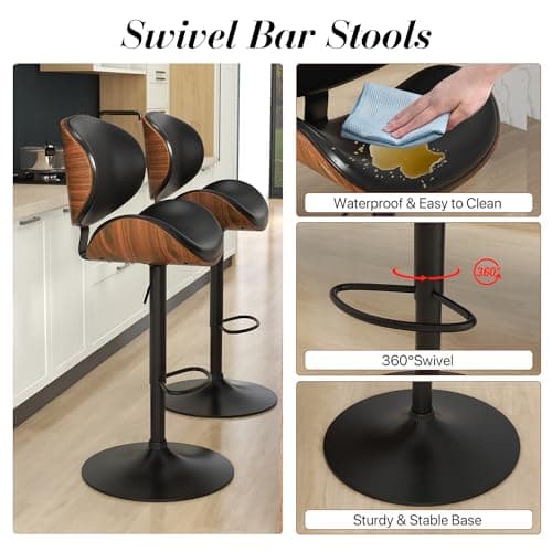 Black PU KCC Swivel Bar Stool Set, Adjustable Height, Footrest, Kitchen, Bar, Dining
