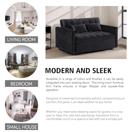 3 in 1 Velvet Convertible Sofa Bed, Black (54" Full)