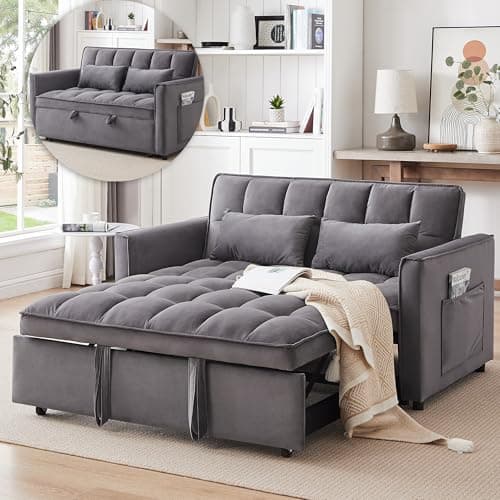 3-in-1 Grey Convertible Sleeper Sofa Bed with Side Pocket & Adjustable Backrest