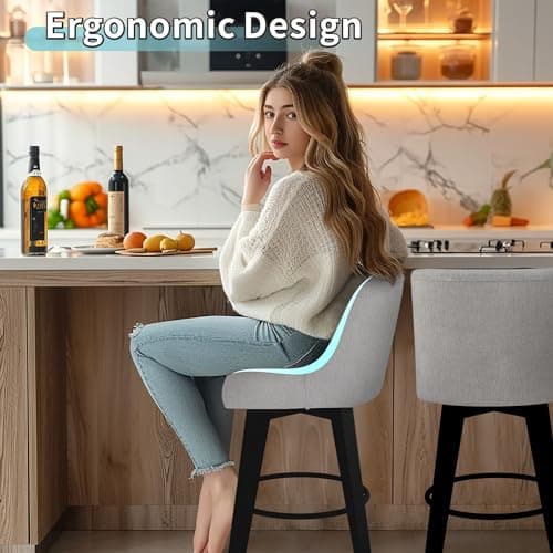 360° Swivel Counter Barstools, 26 Height Kitchen Island Stools Set of 2 with Thicken Cushion Back, Light Grey