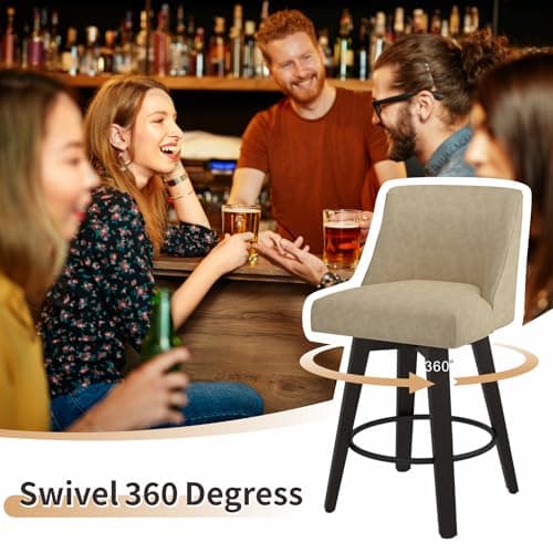 Counter Height Bar Stools Set of 2 with Swivel and Back, 26In Height, Solid Wood Stand, Fabric Upholstered, Thicken Cushion Back, Tan Brown