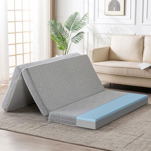 Tri-Fold 4 Inch Memory Foam Guest Mattress, Washable Cover, Non-Slip, Twin Size, Grey