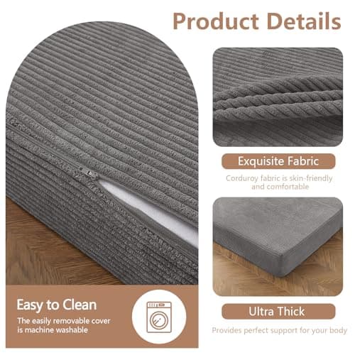 BYBYME 6 Inch Gel Tri-Folding Corduroy Mattress, Washable Cover (Grey, Full)