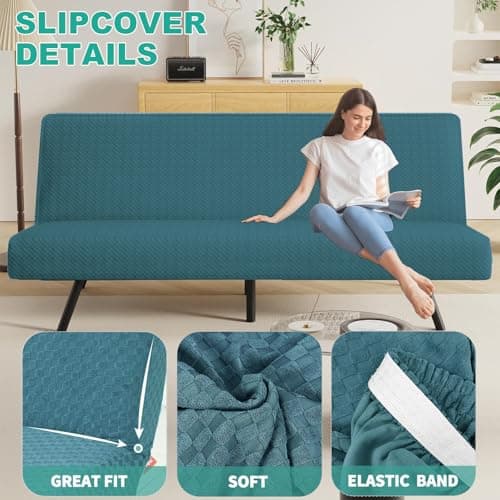 YEMYHOM Peacock Blue Jacquard Stretch Futon Slipcover with Elastic Bottom