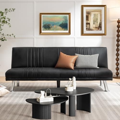 VECELO Modern Convertible Couch Bed, Faux Leather Futon, Black