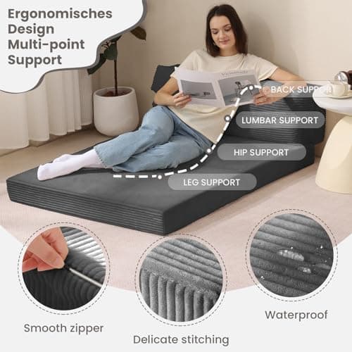 Grey Full Size Folding Sofa Bed, Convertible Sleep Chair Living Room Bedroom
