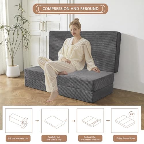 BYBYME 6 Inch Gel Tri-Fold Corduroy Mattress Topper, Washable Cover (Carbon Gray, Full)
