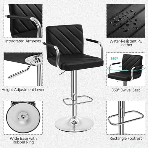 Yaheetech Adjustable Bar Stool Set of 2, Black with Backrest for Kitchen and Living Room