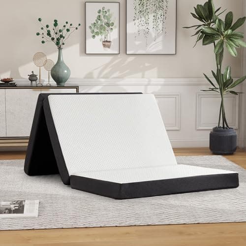 White 4 Inch Tri-Fold Memory Foam Mattress Topper for Camping andGuest Beds