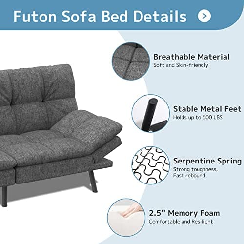 Dark Gray Memory Foam Wood-it Futon Sofa Bed with Adjustable Armrests
