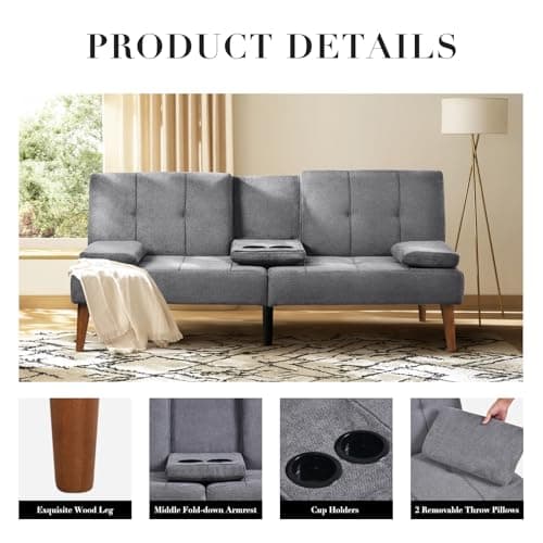 COLAMY Convertible Futon Sofa Bed, Light Grey, 2 Cup Holders