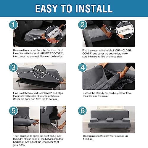 Stretch Futon Sofa Bed Slipcover with Removable Armrests and Cupholders - Grey